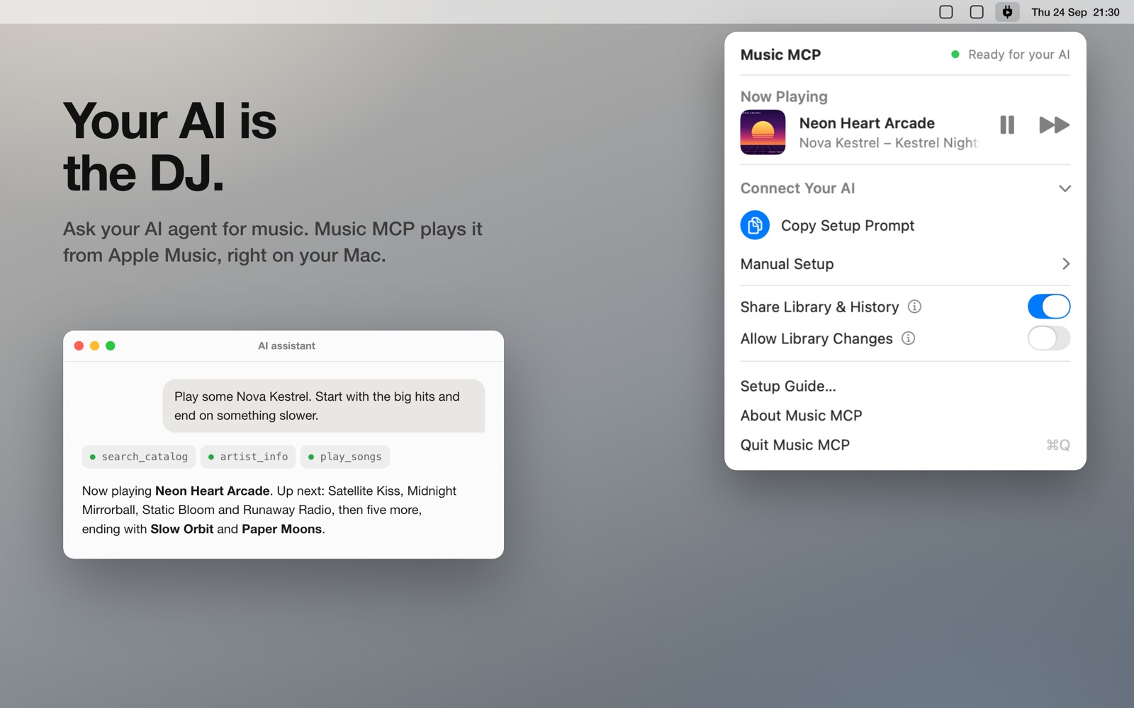 An AI assistant chat asking for music next to the Music MCP menu bar panel, which shows the song that's playing.