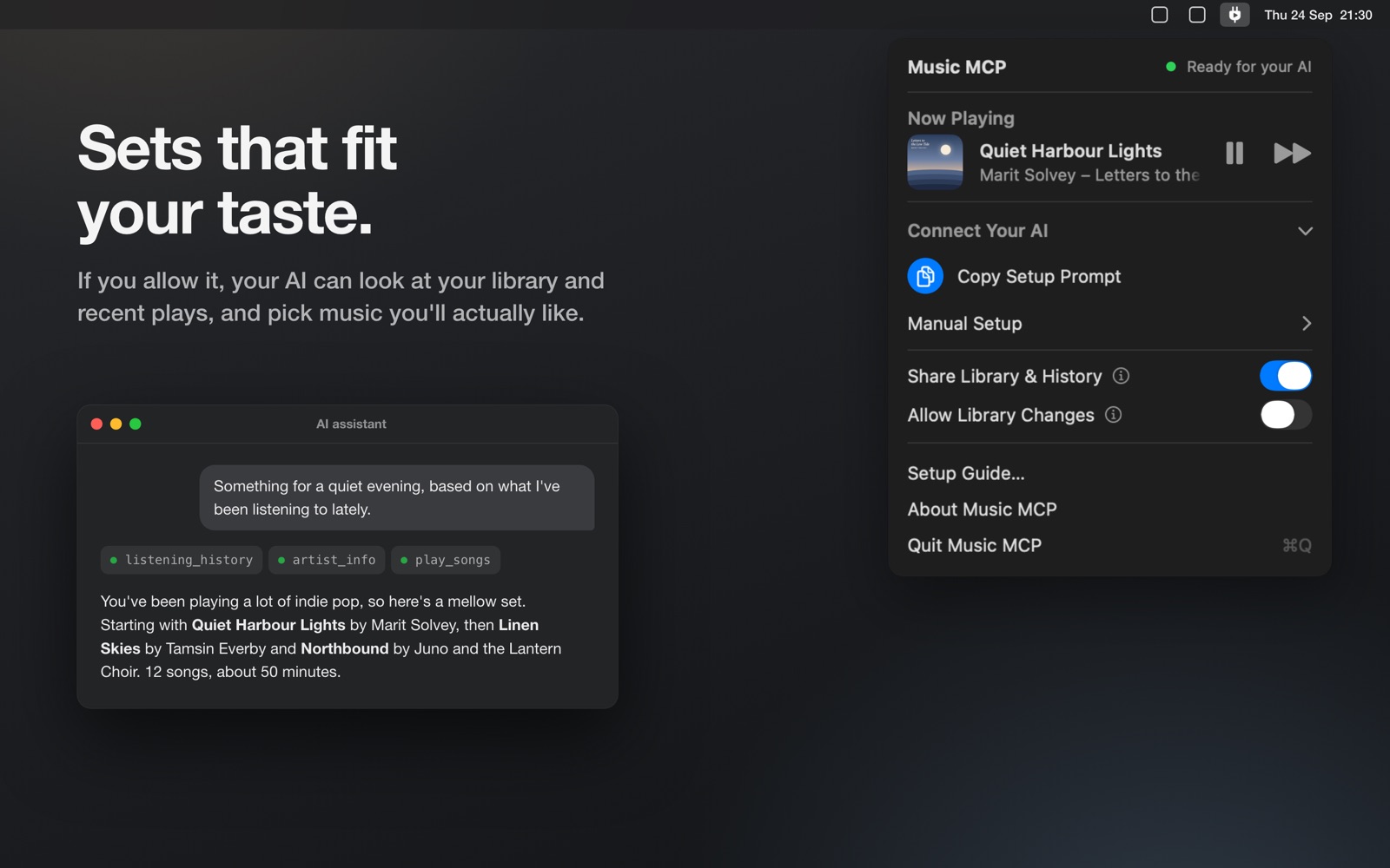 An AI assistant building a mellow evening set from the listening history, next to the Music MCP panel in dark mode.